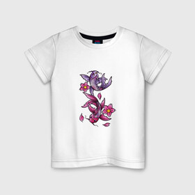 Детская футболка хлопок с принтом Рыбы цветы весна в Кировске, 100% хлопок | круглый вырез горловины, полуприлегающий силуэт, длина до линии бедер | весна | двое | нереальное сочетание | пара | подводный мир | рисунок | рыбки | рыбы | узор | фиолетовый | цветы