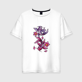 Женская футболка хлопок Oversize с принтом Рыбы цветы весна в Кировске, 100% хлопок | свободный крой, круглый ворот, спущенный рукав, длина до линии бедер
 | весна | двое | нереальное сочетание | пара | подводный мир | рисунок | рыбки | рыбы | узор | фиолетовый | цветы