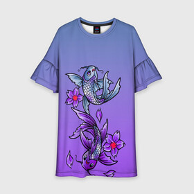 Детское платье 3D с принтом Рыбы и цветы в Кировске, 100% полиэстер | прямой силуэт, чуть расширенный к низу. Круглая горловина, на рукавах — воланы | весна | градиент | двое | нереальное сочетание | пара | подводный мир | рыбки | рыбы | узор | фиолетовый | цветы