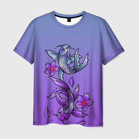 Мужская футболка 3D с принтом Рыбы и цветы в Кировске, 100% полиэфир | прямой крой, круглый вырез горловины, длина до линии бедер | весна | градиент | двое | нереальное сочетание | пара | подводный мир | рыбки | рыбы | узор | фиолетовый | цветы