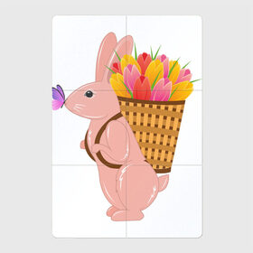 Магнитный плакат 2Х3 с принтом Весенний кролик с цветами в Кировске, Полимерный материал с магнитным слоем | 6 деталей размером 9*9 см | бабочка | зайчик | кролик | тюльпаны | цветы