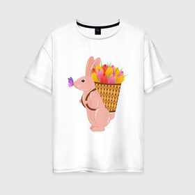 Женская футболка хлопок Oversize с принтом Весенний кролик с цветами в Кировске, 100% хлопок | свободный крой, круглый ворот, спущенный рукав, длина до линии бедер
 | бабочка | зайчик | кролик | тюльпаны | цветы
