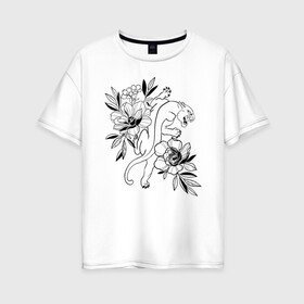 Женская футболка хлопок Oversize с принтом кошка с цветами тату  в Кировске, 100% хлопок | свободный крой, круглый ворот, спущенный рукав, длина до линии бедер
 | tatoo | азия | ботаника | луна | скульптура | тату | тренд | цветок | цветы