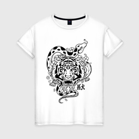 Женская футболка хлопок с принтом тигр и змея  в Кировске, 100% хлопок | прямой крой, круглый вырез горловины, длина до линии бедер, слегка спущенное плечо | tatoo | ботаника | змея | иероглифы | тату | тигр | тренд | цветок