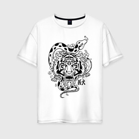 Женская футболка хлопок Oversize с принтом тигр и змея  в Кировске, 100% хлопок | свободный крой, круглый ворот, спущенный рукав, длина до линии бедер
 | tatoo | ботаника | змея | иероглифы | тату | тигр | тренд | цветок