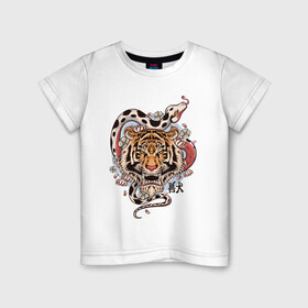 Детская футболка хлопок с принтом тигр  со змеей  в Кировске, 100% хлопок | круглый вырез горловины, полуприлегающий силуэт, длина до линии бедер | tatoo | ботаника | змея | иероглифы | тату | тигр | тренд | цветок