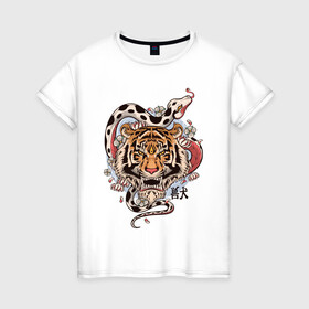 Женская футболка хлопок с принтом тигр  со змеей  в Кировске, 100% хлопок | прямой крой, круглый вырез горловины, длина до линии бедер, слегка спущенное плечо | tatoo | ботаника | змея | иероглифы | тату | тигр | тренд | цветок