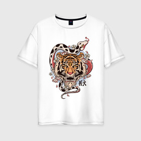 Женская футболка хлопок Oversize с принтом тигр  со змеей  в Кировске, 100% хлопок | свободный крой, круглый ворот, спущенный рукав, длина до линии бедер
 | tatoo | ботаника | змея | иероглифы | тату | тигр | тренд | цветок