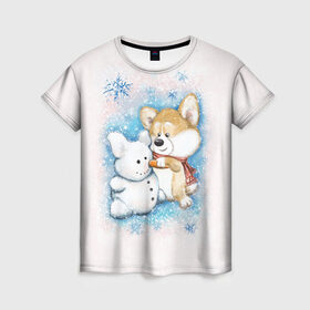 Женская футболка 3D с принтом Корги и снеговик в Кировске, 100% полиэфир ( синтетическое хлопкоподобное полотно) | прямой крой, круглый вырез горловины, длина до линии бедер | зима | корги | малыш | снеговик | снежинки | собака | щенок