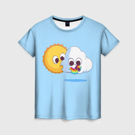 Женская футболка 3D с принтом Ребёнок солнца и дождя в Кировске, 100% полиэфир ( синтетическое хлопкоподобное полотно) | прямой крой, круглый вырез горловины, длина до линии бедер | детские рисунки | дождь | облако | погода | радуга | ребёнок солнца и дождя | родители | синий фон | солнце