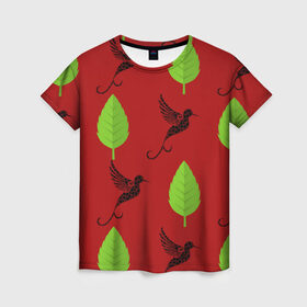Женская футболка 3D с принтом Птица и листочек в Кировске, 100% полиэфир ( синтетическое хлопкоподобное полотно) | прямой крой, круглый вырез горловины, длина до линии бедер | арт | животные | летать | лист | питца