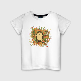 Детская футболка хлопок с принтом Осенний ежик в Кировске, 100% хлопок | круглый вырез горловины, полуприлегающий силуэт, длина до линии бедер | ёжик | животные | листья | милый ёжик | осень
