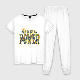 Женская пижама хлопок с принтом Girl power в Кировске, 100% хлопок | брюки и футболка прямого кроя, без карманов, на брюках мягкая резинка на поясе и по низу штанин | 8 марта | корона | надпись | узор
