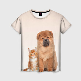 Женская футболка 3D с принтом щенок и котенок друзья в Кировске, 100% полиэфир ( синтетическое хлопкоподобное полотно) | прямой крой, круглый вырез горловины, длина до линии бедер | ветеринару | друзья | животные домашние | кот | котенок | любителю собак | млекопитающее | мультипликационный персонаж | мультяшная собака | мэй кун | песики | питомцы | псы | собакены | собаки