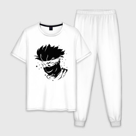 Мужская пижама хлопок с принтом JUJUTSU KAISEN граффити в Кировске, 100% хлопок | брюки и футболка прямого кроя, без карманов, на брюках мягкая резинка на поясе и по низу штанин
 | anime | boy | gg | gojou | jujutsu | kaisen | kun | mag | satoru | superhero | аниме | белое | битва | гг | глаза | глазах | годзё | капли | краски | кун | лицо | маг | магическая | на | персонаж | персонажа | повязка | сатору