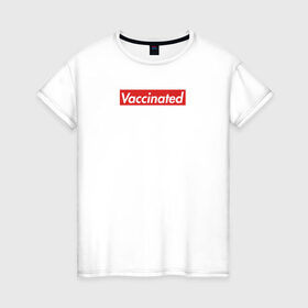 Женская футболка хлопок с принтом Vaccinated в Кировске, 100% хлопок | прямой крой, круглый вырез горловины, длина до линии бедер, слегка спущенное плечо | covid 19 | вакцина | вакцинация | ковид 19 | коронавирус | спасибо науке