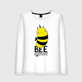 Женский лонгслив хлопок с принтом Be Different - Прикол с пчелой в Кировске, 100% хлопок |  | art | bee | cute | hornet | lettering | pun | retro | vintage | wasp | арт | будь другим | будь разным | винтаж | все разные | выделяйся | игра слов | иллюстрация | каламбур | леттеринг | насекомое | оса | отличайся | пчела | пчелка