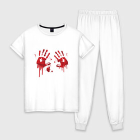 Женская пижама хлопок с принтом Кровавые отпечатки рук в Кировске, 100% хлопок | брюки и футболка прямого кроя, без карманов, на брюках мягкая резинка на поясе и по низу штанин | blood | bloody | creep | creepy | death | halloween | hand | hands | horror | kill | merch | murded | spooky | victim | жертва | капли | кровь | мерч | пятна | пятно | руки | след | следы | ужас | ужасы | ужасы мерч | хорро