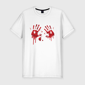 Мужская футболка хлопок Slim с принтом Кровавые отпечатки рук в Кировске, 92% хлопок, 8% лайкра | приталенный силуэт, круглый вырез ворота, длина до линии бедра, короткий рукав | Тематика изображения на принте: blood | bloody | creep | creepy | death | halloween | hand | hands | horror | kill | merch | murded | spooky | victim | жертва | капли | кровь | мерч | пятна | пятно | руки | след | следы | ужас | ужасы | ужасы мерч | хорро