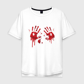 Мужская футболка хлопок Oversize с принтом Кровавые отпечатки рук в Кировске, 100% хлопок | свободный крой, круглый ворот, “спинка” длиннее передней части | Тематика изображения на принте: blood | bloody | creep | creepy | death | halloween | hand | hands | horror | kill | merch | murded | spooky | victim | жертва | капли | кровь | мерч | пятна | пятно | руки | след | следы | ужас | ужасы | ужасы мерч | хорро