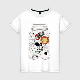 Женская футболка хлопок с принтом Космос в банке в Кировске, 100% хлопок | прямой крой, круглый вырез горловины, длина до линии бедер, слегка спущенное плечо | астронавт | космонавт | космос | планеты | ракета | солнце