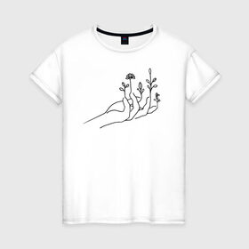 Женская футболка хлопок с принтом Hand flower в Кировске, 100% хлопок | прямой крой, круглый вырез горловины, длина до линии бедер, слегка спущенное плечо | flo | flowers | растения | флористика | цветение | цветы