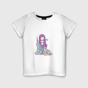 Детская футболка хлопок с принтом русалка в Кировске, 100% хлопок | круглый вырез горловины, полуприлегающий силуэт, длина до линии бедер | водросли | жемчужина | океан | ракушка | русалка