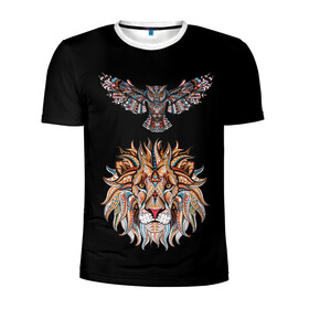 Мужская футболка 3D спортивная с принтом Лев и Сова в Кировске, 100% полиэстер с улучшенными характеристиками | приталенный силуэт, круглая горловина, широкие плечи, сужается к линии бедра | animal | beast | cat | cute | fluffy | hunter | lion | lion cub | lion king | mane | predator | red | tail | tiger | yellow | большая кошка | голова тигра | грива | животное | зверь | король лев | кот | милый | охотник | пушистый | тигр | тиг
