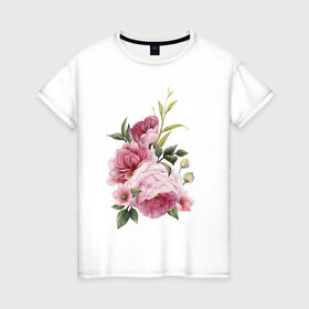 Женская футболка хлопок с принтом Акварельные розы в Кировске, 100% хлопок | прямой крой, круглый вырез горловины, длина до линии бедер, слегка спущенное плечо | акварель | ботаника | весна | женственность | иллюстрация | нежность | рисунок | розы | цветы