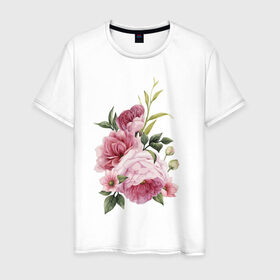 Мужская футболка хлопок с принтом Акварельные розы в Кировске, 100% хлопок | прямой крой, круглый вырез горловины, длина до линии бедер, слегка спущенное плечо. | акварель | ботаника | весна | женственность | иллюстрация | нежность | рисунок | розы | цветы