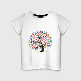 Детская футболка хлопок с принтом Дерево листья ладошка в Кировске, 100% хлопок | круглый вырез горловины, полуприлегающий силуэт, длина до линии бедер | Тематика изображения на принте: дерево | детский | ладошки | листья | мир | отпечатки | природа | рисунок | руки | символ