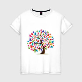Женская футболка хлопок с принтом Дерево листья ладошка в Кировске, 100% хлопок | прямой крой, круглый вырез горловины, длина до линии бедер, слегка спущенное плечо | дерево | детский | ладошки | листья | мир | отпечатки | природа | рисунок | руки | символ