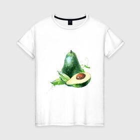 Женская футболка хлопок с принтом акварельное авокадо в Кировске, 100% хлопок | прямой крой, круглый вырез горловины, длина до линии бедер, слегка спущенное плечо | авокадо | акварель | брызги | веган | вегетарианец | здоровье | зож | правильное питание | рисунок