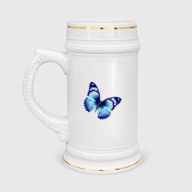 Кружка пивная с принтом Синяя бабочка в Кировске,  керамика (Материал выдерживает высокую температуру, стоит избегать резкого перепада температур) |  объем 630 мл | бабочка | крылья | мотылек | насекомое | полет | рисунок | синий
