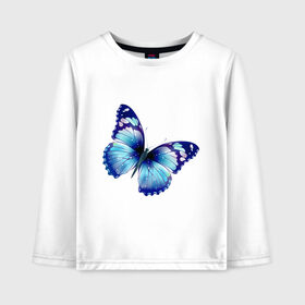 Детский лонгслив хлопок с принтом Синяя бабочка в Кировске, 100% хлопок | круглый вырез горловины, полуприлегающий силуэт, длина до линии бедер | бабочка | крылья | мотылек | насекомое | полет | рисунок | синий