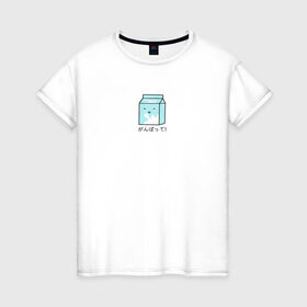 Женская футболка хлопок с принтом Kawaii milk в Кировске, 100% хлопок | прямой крой, круглый вырез горловины, длина до линии бедер, слегка спущенное плечо | kawaii milk | еда | иероглифы | кавайное молоко | милый | япония