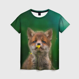 Женская футболка 3D с принтом Лисенок нюхает цветок в Кировске, 100% полиэфир ( синтетическое хлопкоподобное полотно) | прямой крой, круглый вырез горловины, длина до линии бедер | fox | foxy | животное | звери | лиса | лисенок | лисичка | милая | рыжая | фокс