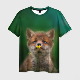 Мужская футболка 3D с принтом Лисенок нюхает цветок в Кировске, 100% полиэфир | прямой крой, круглый вырез горловины, длина до линии бедер | fox | foxy | животное | звери | лиса | лисенок | лисичка | милая | рыжая | фокс