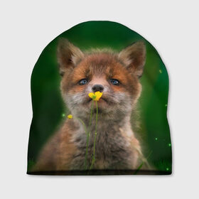 Шапка 3D с принтом Лисенок нюхает цветок в Кировске, 100% полиэстер | универсальный размер, печать по всей поверхности изделия | fox | foxy | животное | звери | лиса | лисенок | лисичка | милая | рыжая | фокс