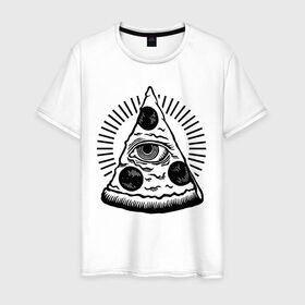 Мужская футболка хлопок с принтом Иллюминатская пицца в Кировске, 100% хлопок | прямой крой, круглый вырез горловины, длина до линии бедер, слегка спущенное плечо. | Тематика изображения на принте: illuminati | tattoo | еда | иллюминат | иллюминатская пицца | кушанье | пицца | пицца с глазам | тату | татуировки | черный рисунок
