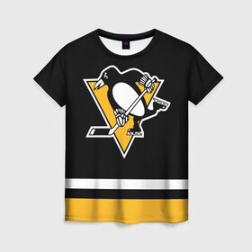 Женская футболка 3D с принтом Питтсбург Пингвинз (Форма1) в Кировске, 100% полиэфир ( синтетическое хлопкоподобное полотно) | прямой крой, круглый вырез горловины, длина до линии бедер | нхл | пингвины | питтсбург пингвинз | питтсбург пингвинз форма | хоккей