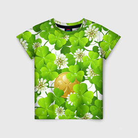 Детская футболка 3D с принтом Ирландский Клевер и Монетка в Кировске, 100% гипоаллергенный полиэфир | прямой крой, круглый вырез горловины, длина до линии бедер, чуть спущенное плечо, ткань немного тянется | день ирландии | зеленая | зеленый | ирландец | ирландская | ирландский | клевер | монета | патрик | с патриком