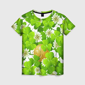 Женская футболка 3D с принтом Ирландский Клевер и Монетка в Кировске, 100% полиэфир ( синтетическое хлопкоподобное полотно) | прямой крой, круглый вырез горловины, длина до линии бедер | день ирландии | зеленая | зеленый | ирландец | ирландская | ирландский | клевер | монета | патрик | с патриком