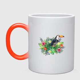 Кружка хамелеон с принтом попугай ара в цветах в Кировске, керамика | меняет цвет при нагревании, емкость 330 мл | ара | лето | листья | попугай | птица | тропики | цветы | экзотика