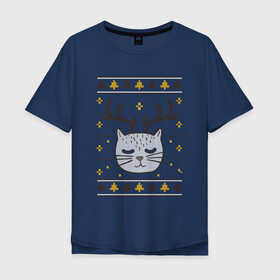 Мужская футболка хлопок Oversize с принтом Рождественский свитер с котом в Кировске, 100% хлопок | свободный крой, круглый ворот, “спинка” длиннее передней части | food | mandarins | mem | meme | new year | sweater | ugly | в слюнявчике | еда | жрать | жрац | кот | котяра | кушац | кушот | мем | мем с котом | мемы | неси | новый год | оливье | прикол | рождество | свитер | слюнявчик