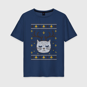 Женская футболка хлопок Oversize с принтом Рождественский свитер с котом в Кировске, 100% хлопок | свободный крой, круглый ворот, спущенный рукав, длина до линии бедер
 | food | mandarins | mem | meme | new year | sweater | ugly | в слюнявчике | еда | жрать | жрац | кот | котяра | кушац | кушот | мем | мем с котом | мемы | неси | новый год | оливье | прикол | рождество | свитер | слюнявчик