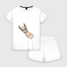 Женская пижама с шортиками хлопок с принтом Лама в Кировске, 100% хлопок | футболка прямого кроя, шорты свободные с широкой мягкой резинкой | альпака | лама | любопытная лама | улыбающаяся лама