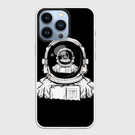 Чехол для iPhone 13 Pro с принтом Скафандр с отражением его же в Кировске,  |  | cosmonaut | граффити | картинка в картинке | космонавт | космос | рисунок | скафандр | скафандр с отражением его же | черный фон