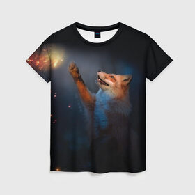 Женская футболка 3D с принтом Лиса и огонек в Кировске, 100% полиэфир ( синтетическое хлопкоподобное полотно) | прямой крой, круглый вырез горловины, длина до линии бедер | fox | foxy | животное | звери | лиса | лисенок | лисичка | милая | рыжая | фокс