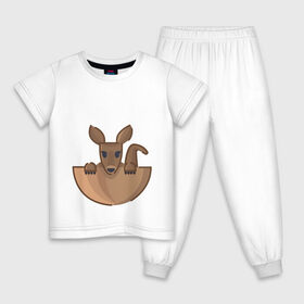 Детская пижама хлопок с принтом Кенгуренок в сумке в Кировске, 100% хлопок |  брюки и футболка прямого кроя, без карманов, на брюках мягкая резинка на поясе и по низу штанин
 | Тематика изображения на принте: animals | australia | baby | bag | cute | ears | eyes | jump | kangaroo | leap | mother | nose | paws | pocket | sack | shadow | tail | австралия | глаза | детеныш | животные | карман | кенгуренок | кенгуру | лапы | мама | мешок | милый | нос | няшный | п